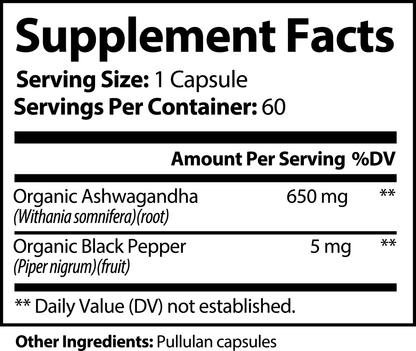 Organic Ashwagandha - 650mg (60 Capsules)